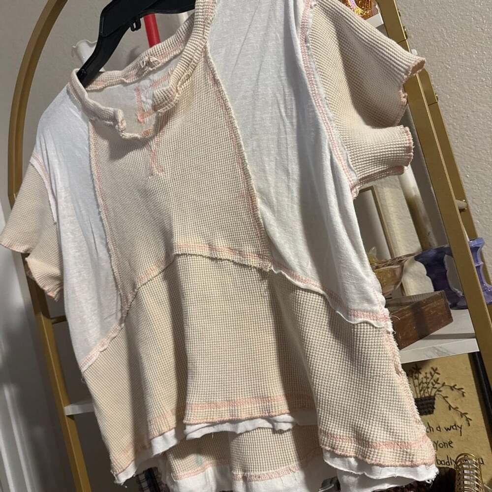 POL Clothing Patchwork Waffle Knit Top Size S Cream Pink